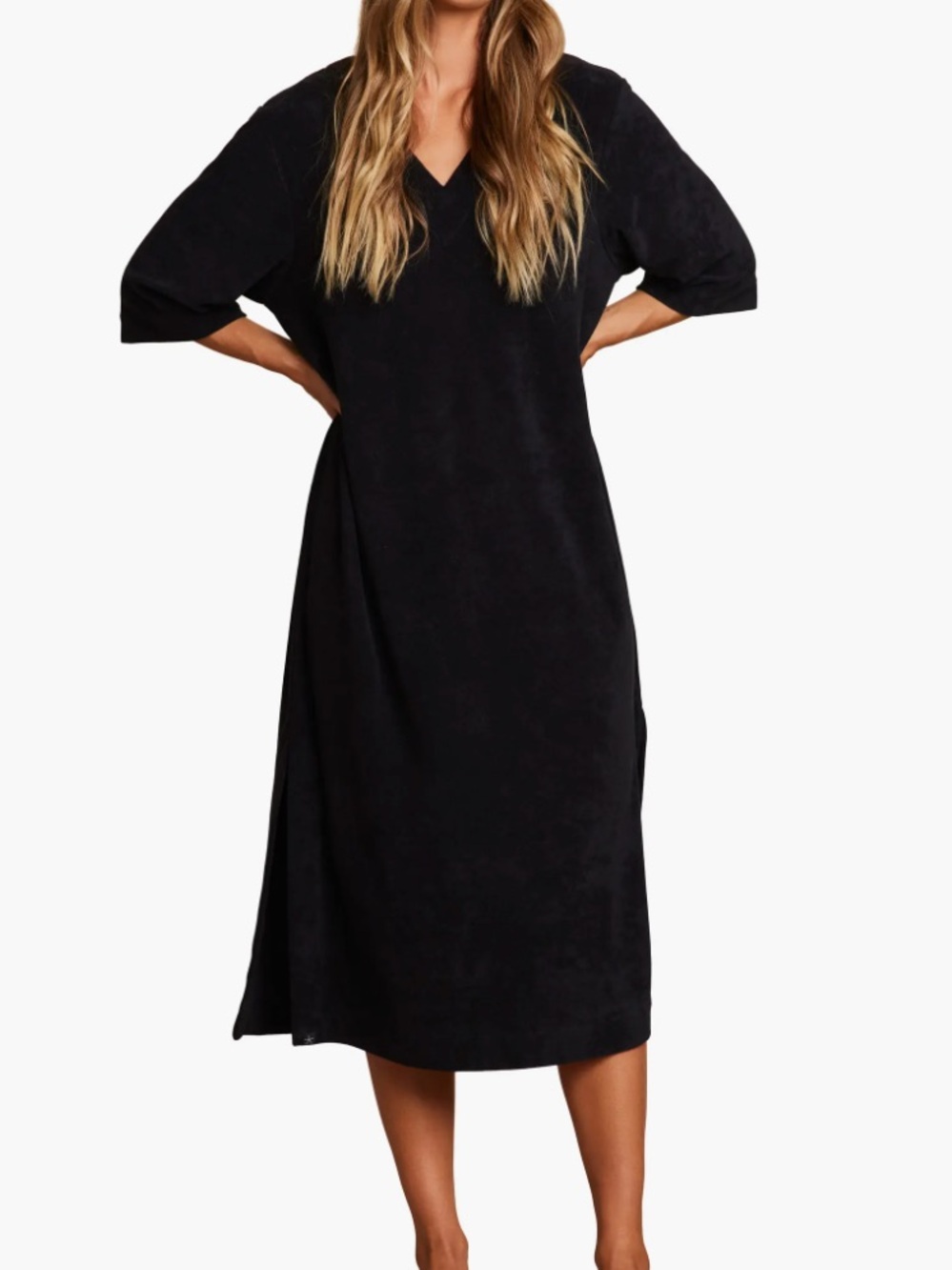 Barefoot Dreams® Cozy Terry® Double V Caftan Nightgown, Black, XXS/XS, NWT